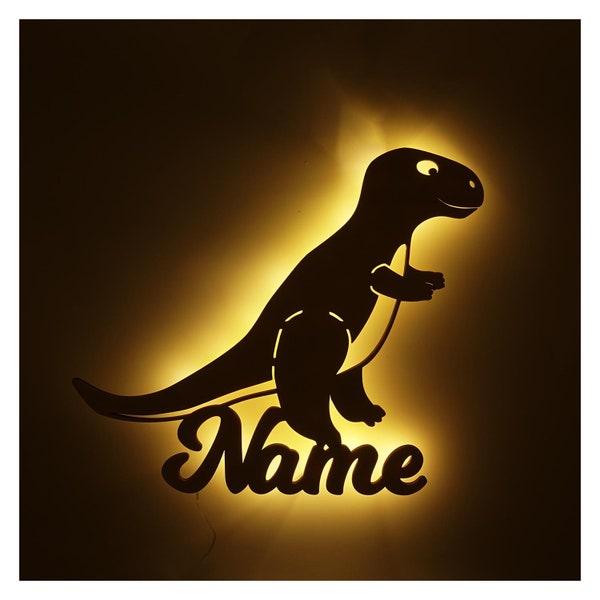 Dino T-Rex Lámpara de pared Slumber Light Luz nocturna Personalizada con nombre I Wood Kids Regalos para fanáticos de los dinosaurios I Alimentado por batería