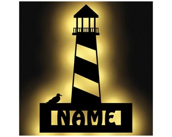LED lighthouse wooden decorative wall lamp night light personalized with name I gifts for Baltic Sea North Sea maritime fans I battery operated