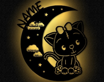 Wall lamp personalized baby wooden wall moon lamp cat with name I baby gifts gift for birth baptism for boy & girl I battery
