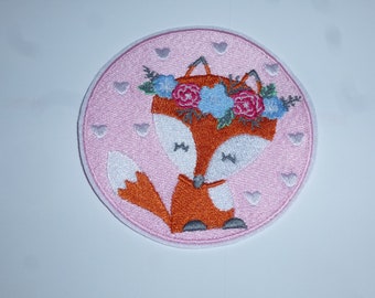 Fuchs mit Blütenkranz rosa Aufnäher z.bügeln 9,5 cm gestickt Patch Applikation Schultüte