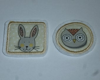 2er Set Mini-Aufnäher Bügelbild ca. 4 cm Patch zum aufbügeln Flicken Hase Eule Fuchs