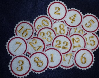 Adventkalender weiß gold rot Zahlen 1 - 24 auf Stickfilz 3,7 cm Kreise zum aufbügeln oder aufnähen