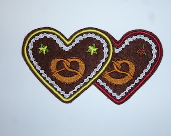 Lebkuchenherz 2er Set zitrone bordeaux gelb rot Bayern Oktoberfest Breze Herz Aufnäher Bügelbild 10x 9,5 cm Patch zum aufbügeln Flicken