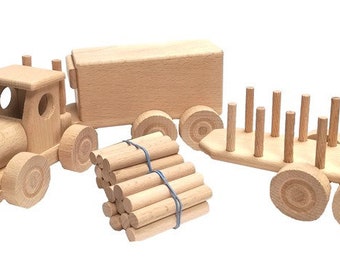 Truck with two trailers made of beech wood / Truck with trailers and logs / Wooden car / Construction vehicle