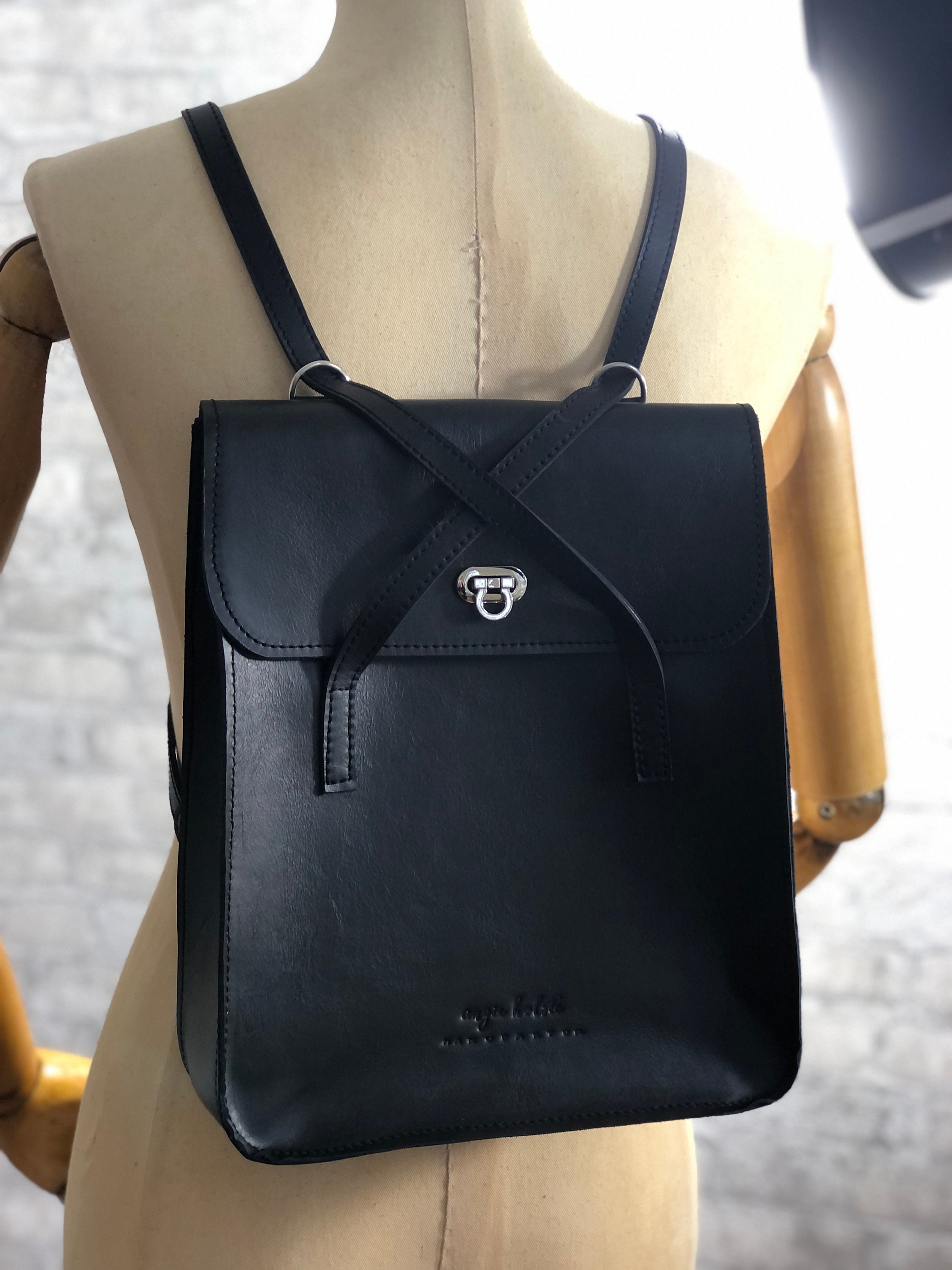 Backpack/bag Jolina in black smooth leather Etsy