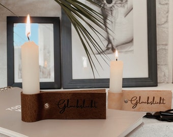 Candle holder candlestick lucky light made of leather with engraving