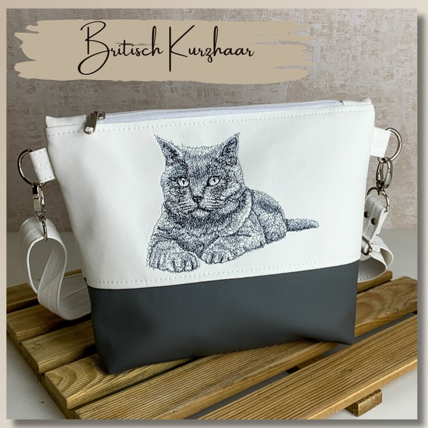 kleine Umhängetasche mit Katzenmotiv | Britisch Kurzhaar | BKH | Tasche bestickt und genäht aus Kunstleder