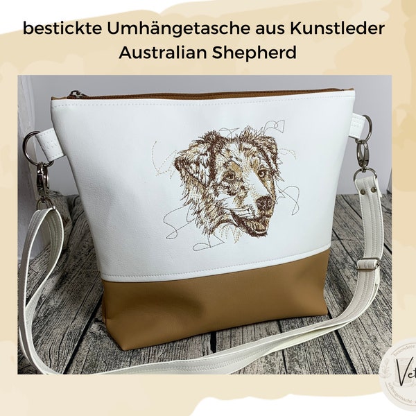 Australian Shepherd - bestickte Umhängetasche aus Kunstleder mit passendem Schultergurt