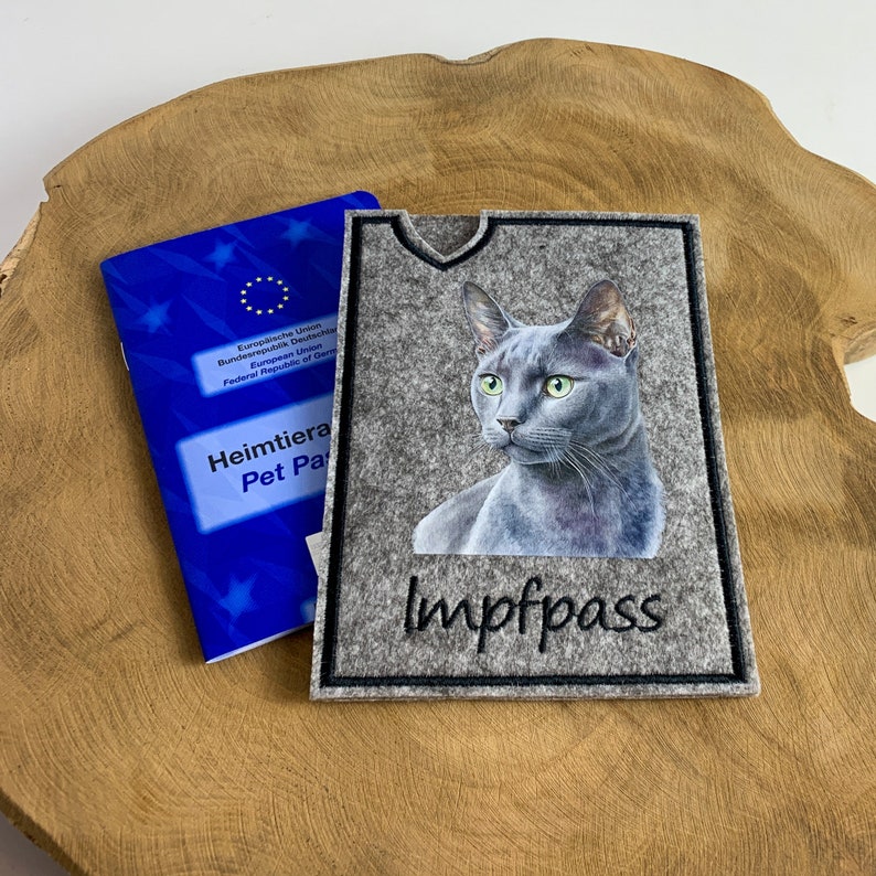 Hülle für Katzen-Impfpass Schutzhülle für EU-Heimtierausweis verschiedene Katzen-Rassen Geschenkidee für Katzenbesitzer russisch Blau