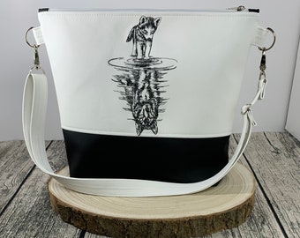 Dog wolf puddle mirror image - bag handbag shoulder bag Milow made of great faux leather handmade sewn and embroidered white and black
