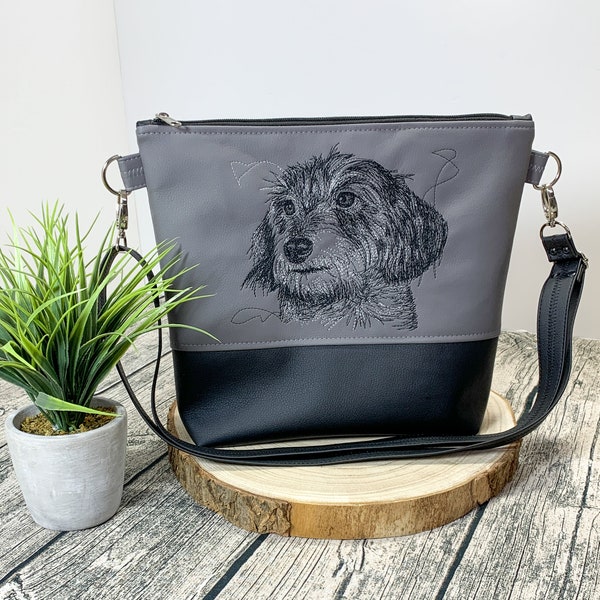 Wire-haired dachshund - a special shoulder bag for everyone who loves dachshunds - bag made of faux leather embroidered with a dog motif