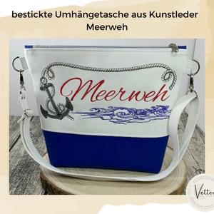 Meerweh - maritime Umhängetasche aus Kunstleder mit Stickmotiv - bestickt und genäht mit verstellbarem Schultergurt