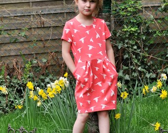 Dress child girl sundress coral birds Jersey