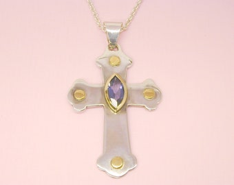 Large cross for necklace in silver, fine gold with blue tanzanite, pendant, religious gift