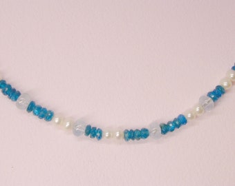 Necklace, gemstone, white gold, apatite, aquamarine and pearls, blue necklace, birthday, necklace for woman