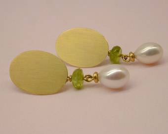 Earrings, modern, with pearl, peridot, wedding anniversary, distinctive earrings, large earrings, with green stone, special earrings, matt