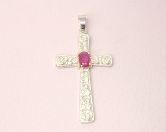 Anhänger, florales Kreuz mit Rosen für Halskette, in Silber mit Rubin, religiöses Geschenk