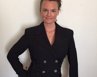 Vintage 1995 Gianni Versace Couture Ink Blue Fitted Blazer With Medusa Buttons EU40 Double Breasted