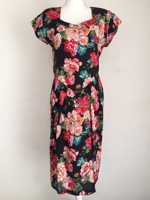Vintage 80s April Rain Floral Dress With Shoulder