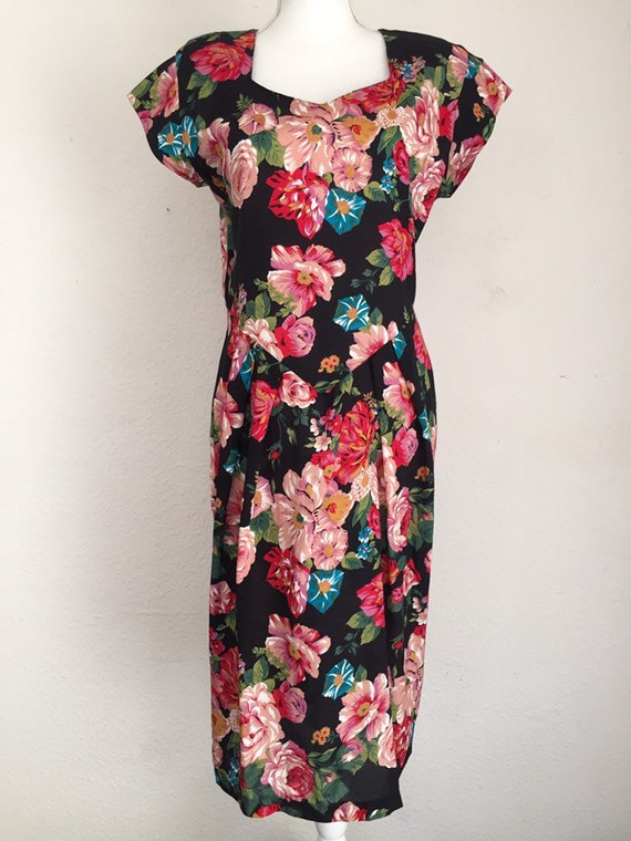 Vintage 80s April Rain Floral Dress With Shoulder 