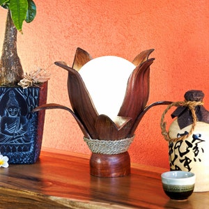 Kokosnuss Tischlampe Holz Lampe Kokos Holz Lampe mit Rattan Lampenschirm Kugel Tropische Leuchte Tischlampe oder Nachttischlampe Bild 1