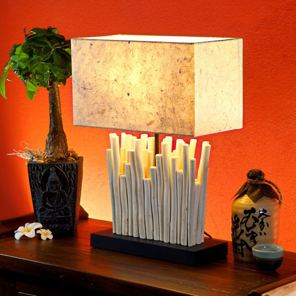 Tischlampe Treibholz mit Lampenschirm 50cm | Schwemmholz Äste und handgesiebtes Papier | Holz Lampe für Sideboard u. Schrank