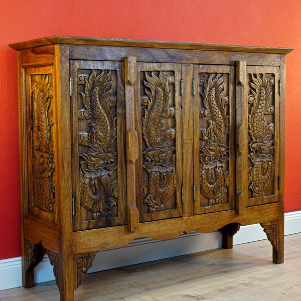 Solid wood cabinet DRAGON | Wooden Acacia sideboard with dragon carving 80 x96 cm | real wood chest of drawers in Asia style from Thailand