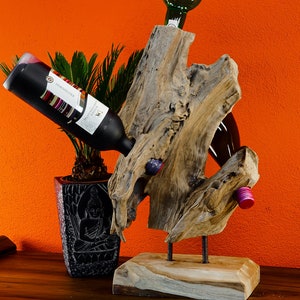 Root wood bottle stand Approx. 45 cm bottle stand for 3 4 wine bottles from a teak wood sculpture Extravagant gift idea image 1