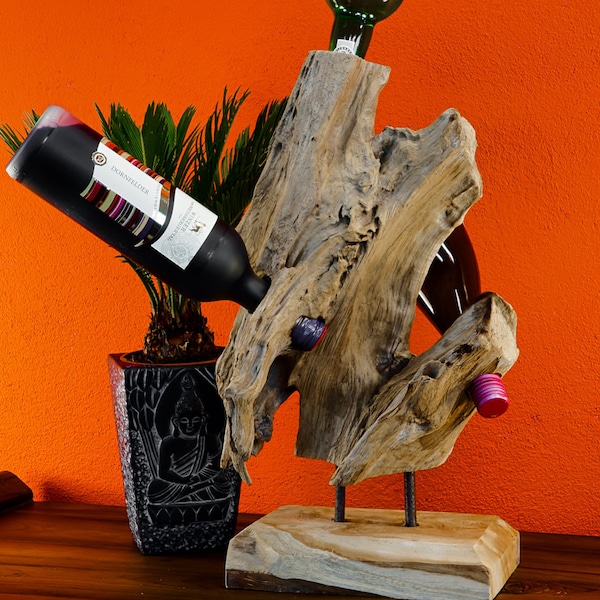 Wurzelholz Flaschenständer | Ca. 45 cm Flaschen Ständer für 3 - 4 Weinflaschen aus einer Teak Holz Skulptur | Extravagante Geschenkidee