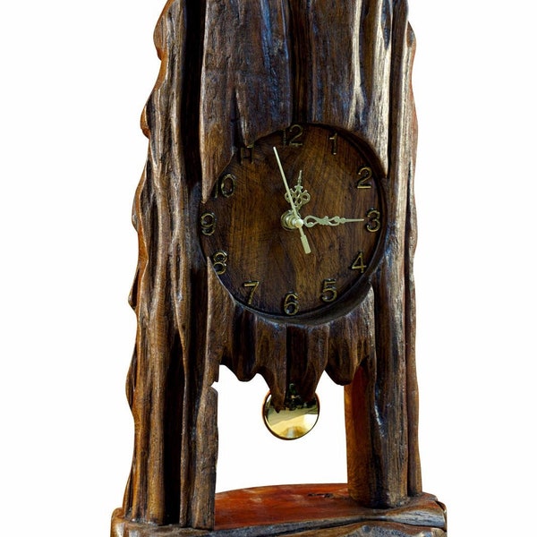 Teak root wood grandfather clock 47 cm wood clock | Small clocks with pendulum made of solid teak | Rustic decorative object