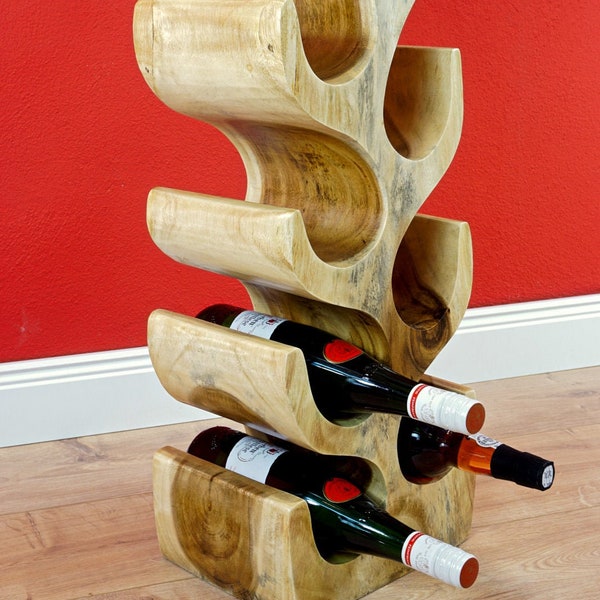 Grand casier à vin en bois massif d'acacia/suar de 70 cm pour 8 bouteilles 2 couleurs | Support à bouteilles pour étagère à vin en bois massif, forme d'arbre autoportant