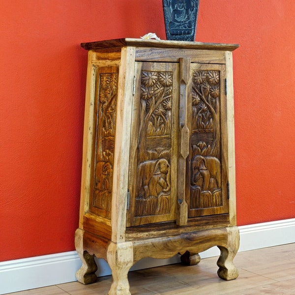 Acacia solid wood cabinet with carved elephants | 2 colors 80 cm high closet made of solid Suar wood for bedroom living room