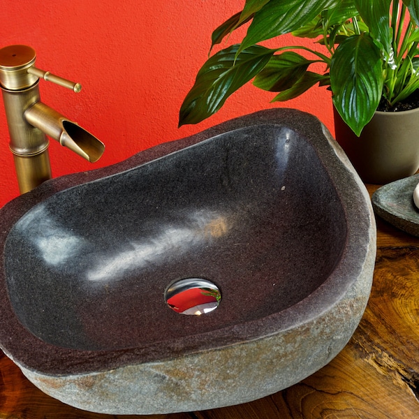 Évier en pierre naturelle pierre de rivière granit 20 - 55 cm | Lavabo design tropical, ameublement de salle de bain, décor en pierre minimaliste