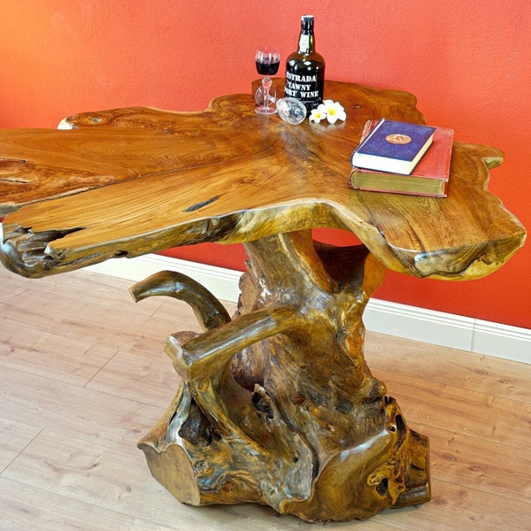 Mesa de comedor mesa de madera maciza de teca | Mesa de comedor grande de madera de raíz de aproximadamente 120-140 cm con portainjerto como base