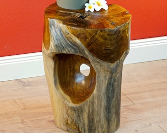 Teak root wood side table | Round solid wood table from a piece of tree trunk | 40 x 30 cm root table bedside table | Teak flower stand