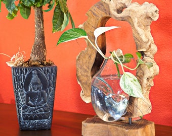 Melted glass vase teak root wood | decorative handmade tree slice table vase Plant vase | Indonesia gift idea housewarming