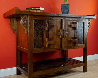 Reclaimed Teak wood cabinet SUKI | 84 x 120 cm solid wood closet made of recycled teak with carvings | Also as a vanity or sideboard