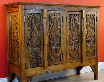 Solid wood cabinet DRAGON | Wooden Acacia sideboard with dragon carving 80 x96 cm | real wood chest of drawers in Asia style from Thailand