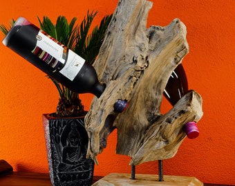 Support de bouteille en bois de loupe | Support à bouteilles d'environ 45 cm pour 3 à 4 bouteilles de vin fabriqué à partir d'une sculpture en bois de teck | Idée cadeau extravagante