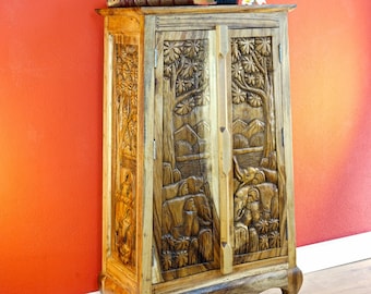 Acacia solid wood cabinet with carved elephants from Thailand | 2 colors 100 cm high closet made of solid Suar wood for bedroom living room
