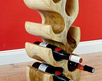 70 cm Large Acacia / Suar Solid Wood Wine Rack for 8 Bottles | Wooden wine shelf bottles stand freestanding in tree shape natural