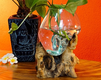Jarrón de madera de teca de vidrio fundido | Jarrón de mesa decorativo Bali | Planta de interior con ideas de vida modernas | Regalo amigos inauguración de la casa