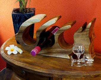 43 cm Großes Fisch Weinregal aus Akazie Massivholz natur | Wein Regal für 3 Flaschen | Holz Flaschenständer als Geschenkidee für Geburtstag