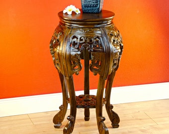 Mahogany solid wood side table XIAMEN | 63 x 40 cm wood table or flower stand in China style with carving | Carved real wood