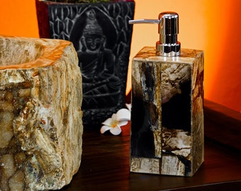 Soap dispenser petrified wood approx. 18x8cm | Pump soap dispenser for liquid soap made from fossil wood | Natural stone bathroom accessory