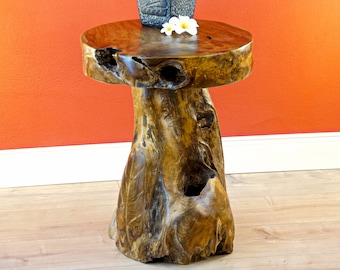 Massief teakhouten bijzettafel | Bloemenstandaard van wortelhout | 50 cm massief houten worteltafel | Ronde houten tafel met boomschijfworteltafel