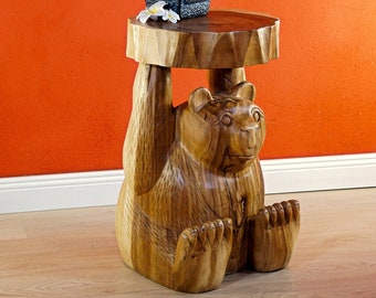 Table d'appoint en bois de suar de 51 cm en forme d'éléphant, de chat ou d'ours | Support de fleurs en bois d'acacia massif de Thaïlande sculpté en forme d'animal