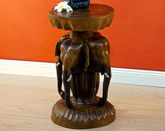 50cm side table made of suar solid wood | Carved as a 4-headed elephant in Asia style | Suarwood flower stand, bedside table or pedestal