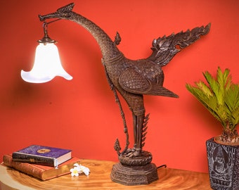 Lampe de table statue en bronze Phoenix 78 x 75 cm 10,7kg | Sculpture en métal Thaïlande oiseau des dieux comme lampadaire | Décoration asiatique thaïlandaise dans un style antique