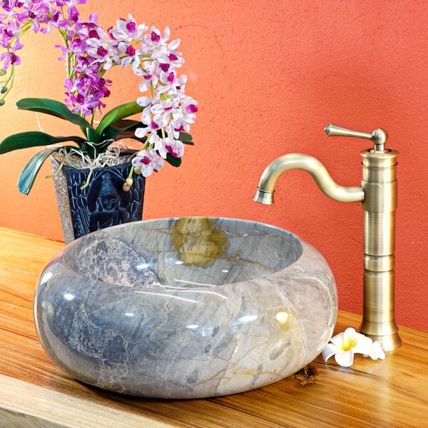 Vasque en marbre Vasque à poser en pierre naturelle 15 x 40 cm | Lavabo rond en marbre pour la salle de bain